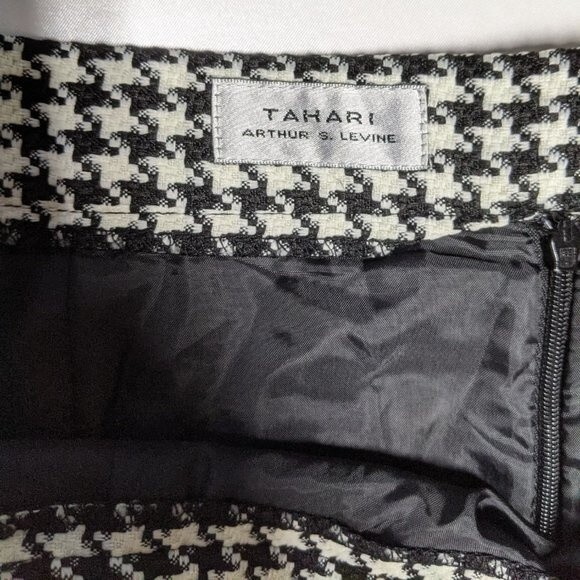 Tahari Skirt Women Size 12 Fringe Gathered Houndstooth Lined Short Black & White - Picture 9 of 11